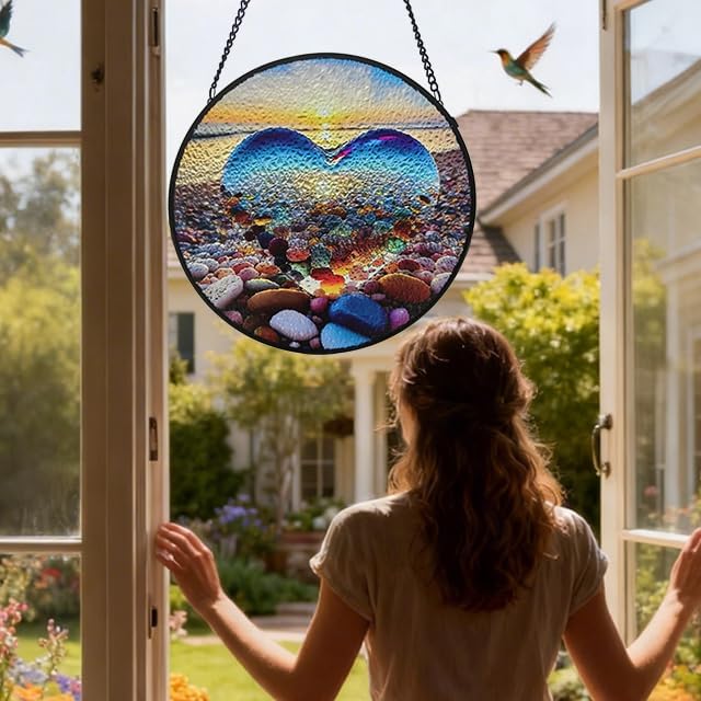Stained Glass Window Suncatcher 7.8 Inch Colorful Hanging Decor, Nature Art Gift for Mom, Grandma & Women