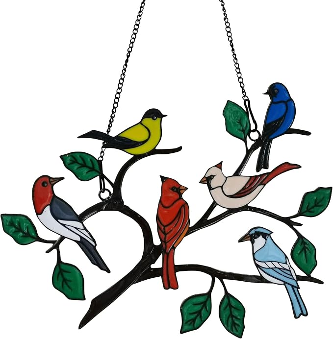 Six Birds Cardinal Metal Window Hanging, Multicolor Bird on a Wire Decor, Handmade Garden Gift, 21CM