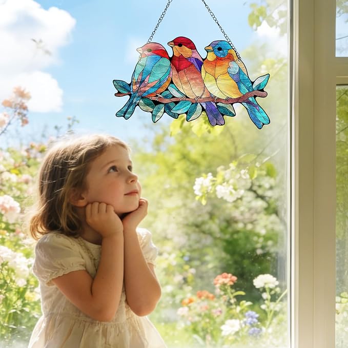 Stained Glass Cardinal Red Bird Suncatcher, Bluebird Branch Window Hanging Decor