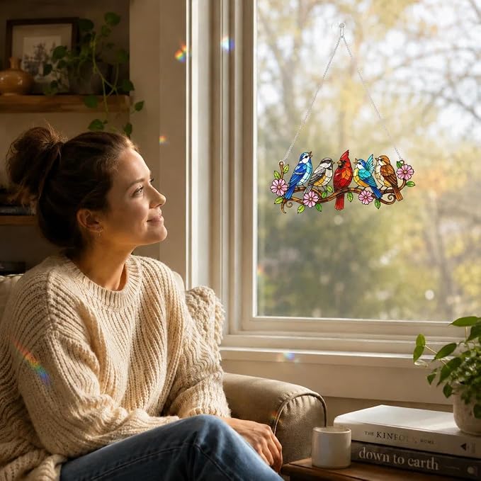 Stained Glass Window Hanging, Colorful Cardinal & Bluebird Branch Suncatcher, 7.8 Inch Bird Lover Gift