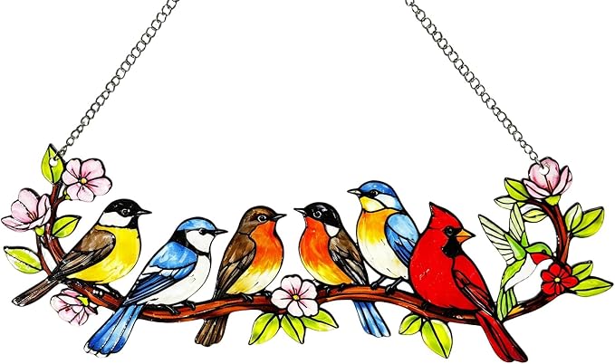Stained Glass Hummingbird Suncatcher, Colorful Bird on Branch Window Hanging, Floral Home Decor Gift