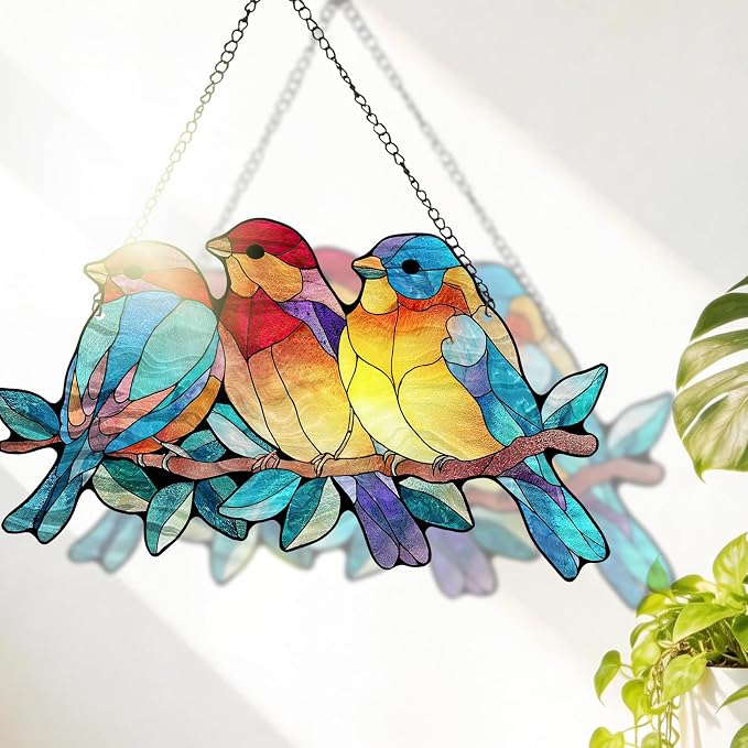 Stained Glass Cardinal Red Bird Suncatcher, Bluebird Branch Window Hanging Decor