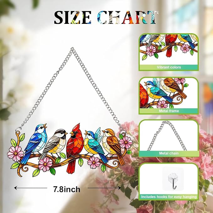 Stained Glass Window Hanging, Colorful Cardinal & Bluebird Branch Suncatcher, 7.8 Inch Bird Lover Gift