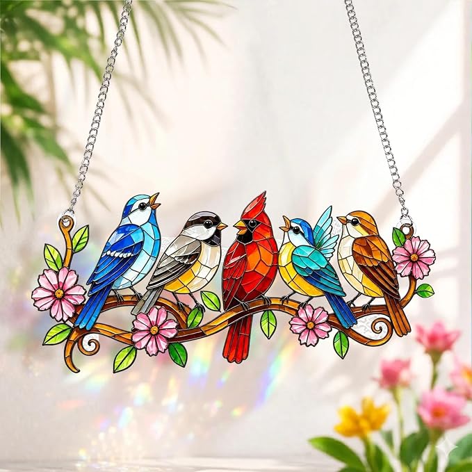 Stained Glass Window Hanging, Colorful Cardinal & Bluebird Branch Suncatcher, 7.8 Inch Bird Lover Gift