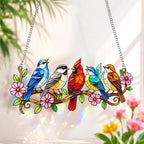 Stained Glass Window Hanging, Colorful Cardinal & Bluebird Branch Suncatcher, 7.8 Inch Bird Lover Gift