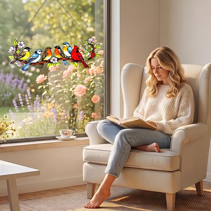 Stained Glass Hummingbird Suncatcher, Colorful Bird on Branch Window Hanging, Floral Home Decor Gift