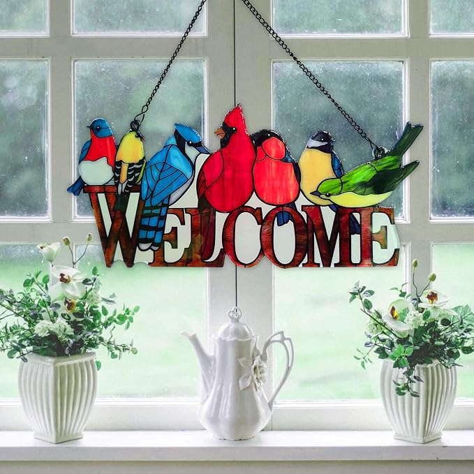 Birds on Branch Stained Glass Suncatcher, 8 Colorful Birds Window Hanging, Cardinal Hummingbird Gift