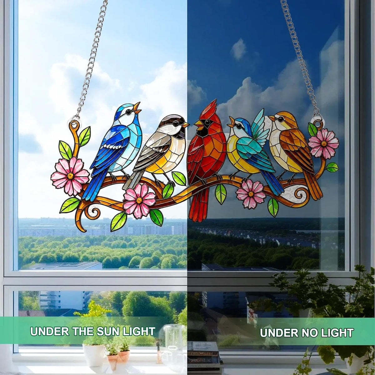 Stained Glass Window Hanging, Colorful Cardinal & Bluebird Branch Suncatcher, 7.8 Inch Bird Lover Gift