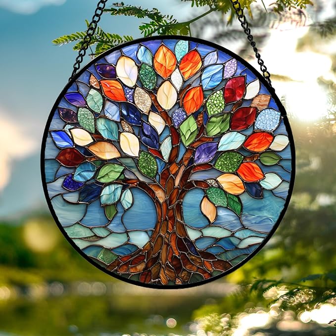 Colorful Tree of Life Stained Glass Window Hanging Suncatcher 15 Inch