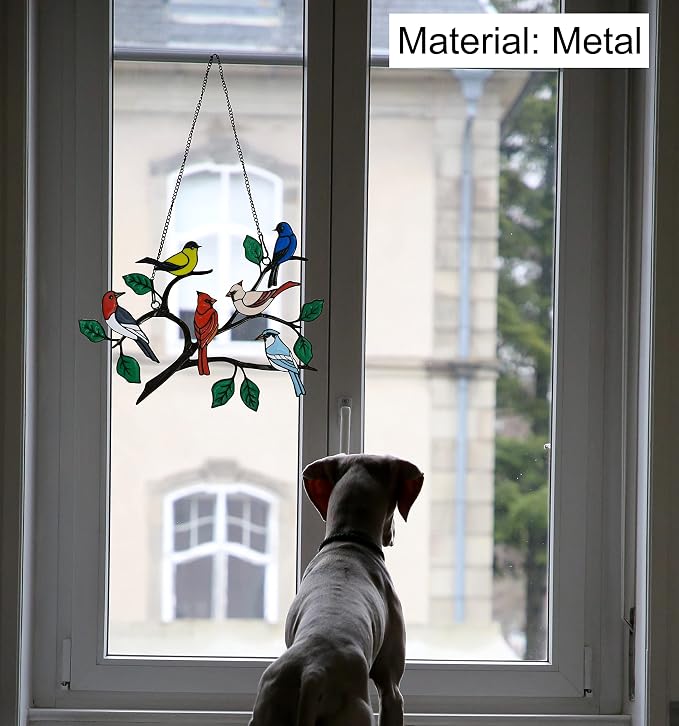 Six Birds Cardinal Metal Window Hanging, Multicolor Bird on a Wire Decor, Handmade Garden Gift, 21CM