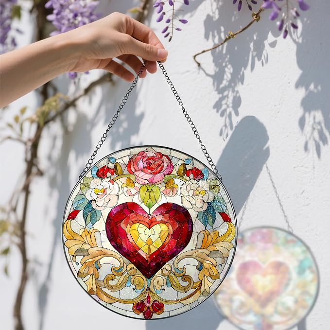 8 Inch Valentine Heart Stained Glass Window Suncatcher, Colorful Hanging Decor & Romantic Gift