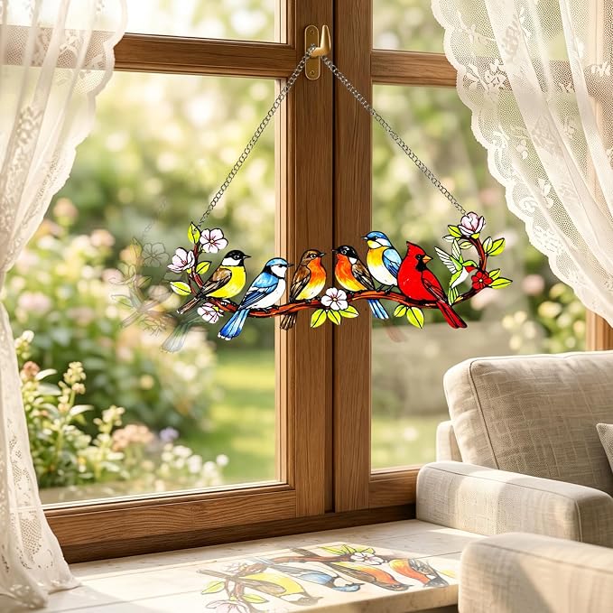 Stained Glass Hummingbird Suncatcher, Colorful Bird on Branch Window Hanging, Floral Home Decor Gift