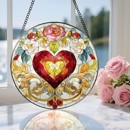 8 Inch Valentine Heart Stained Glass Window Suncatcher, Colorful Hanging Decor & Romantic Gift