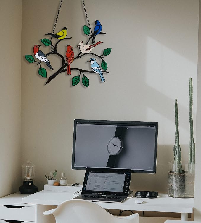 Six Birds Cardinal Metal Window Hanging, Multicolor Bird on a Wire Decor, Handmade Garden Gift, 21CM