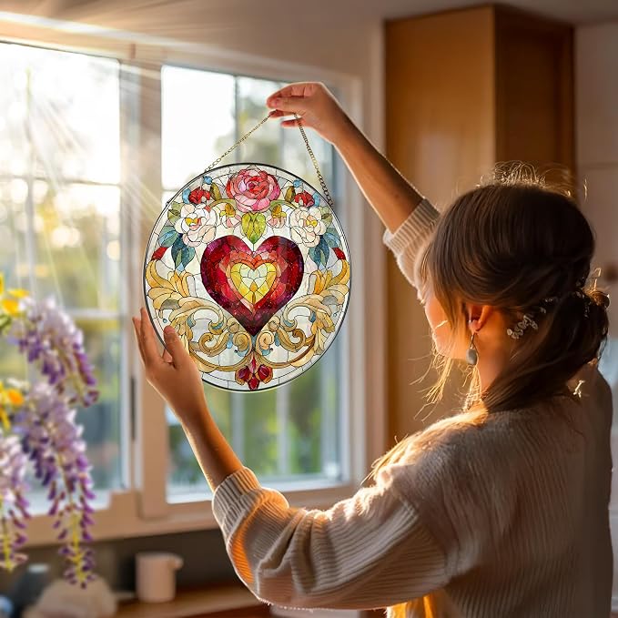 8 Inch Valentine Heart Stained Glass Window Suncatcher, Colorful Hanging Decor & Romantic Gift