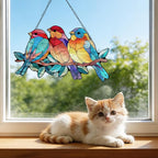 Stained Glass Cardinal Red Bird Suncatcher, Bluebird Branch Window Hanging Decor