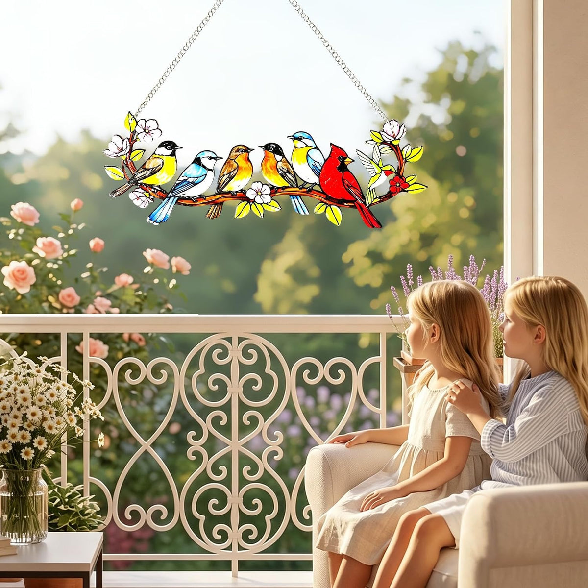 Stained Glass Hummingbird Suncatcher, Colorful Bird on Branch Window Hanging, Floral Home Decor Gift