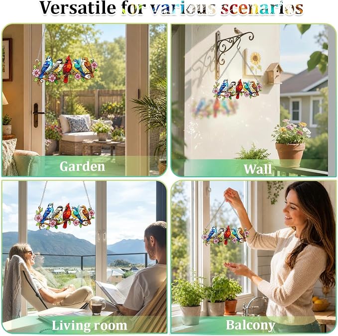 Stained Glass Window Hanging, Colorful Cardinal & Bluebird Branch Suncatcher, 7.8 Inch Bird Lover Gift