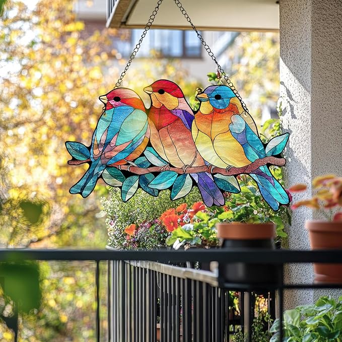 Stained Glass Cardinal Red Bird Suncatcher, Bluebird Branch Window Hanging Decor