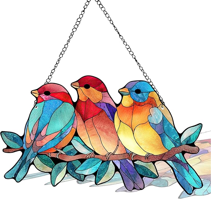 Stained Glass Cardinal Red Bird Suncatcher, Bluebird Branch Window Hanging Decor