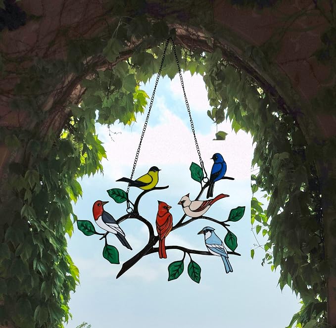 Six Birds Cardinal Metal Window Hanging, Multicolor Bird on a Wire Decor, Handmade Garden Gift, 21CM
