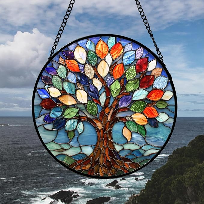 Colorful Tree of Life Stained Glass Window Hanging Suncatcher 15 Inch