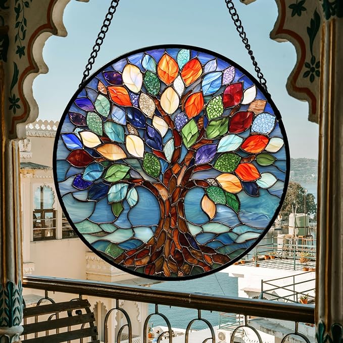 Colorful Tree of Life Stained Glass Window Hanging Suncatcher 15 Inch