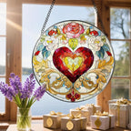 8 Inch Valentine Heart Stained Glass Window Suncatcher, Colorful Hanging Decor & Romantic Gift