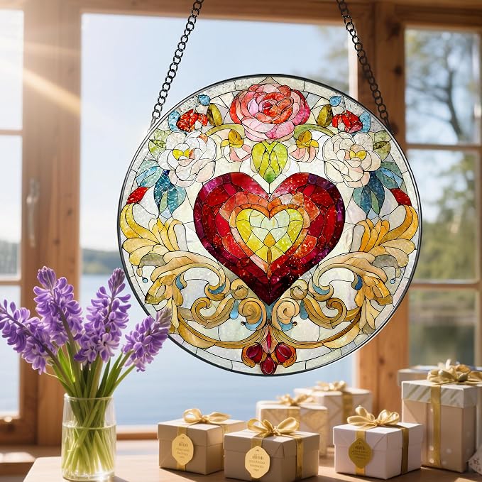 8 Inch Valentine Heart Stained Glass Window Suncatcher, Colorful Hanging Decor & Romantic Gift