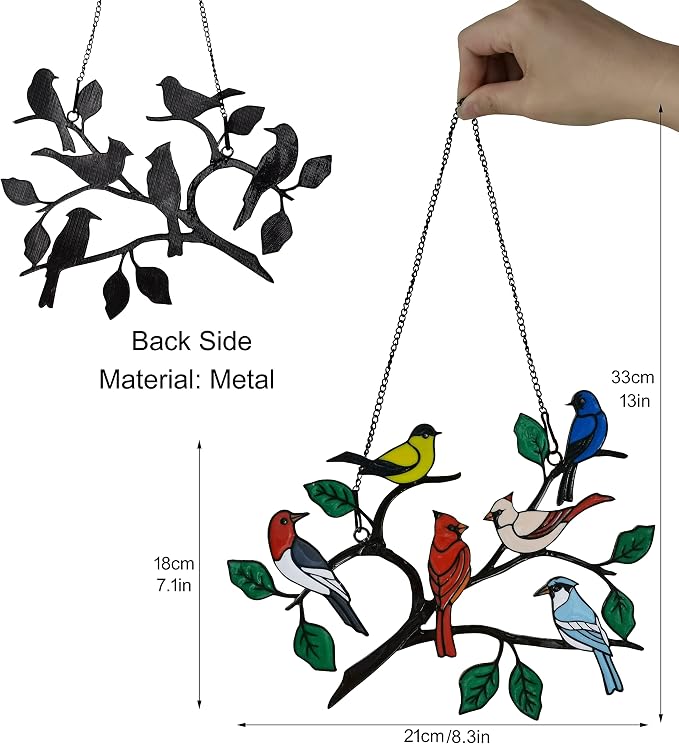 Six Birds Cardinal Metal Window Hanging, Multicolor Bird on a Wire Decor, Handmade Garden Gift, 21CM