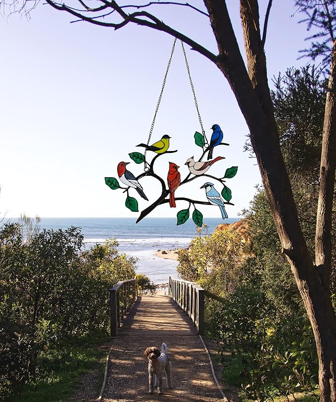 Six Birds Cardinal Metal Window Hanging, Multicolor Bird on a Wire Decor, Handmade Garden Gift, 21CM