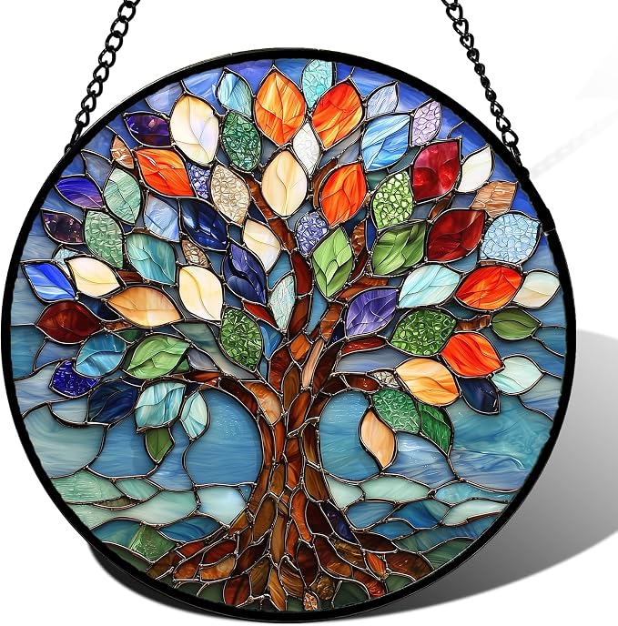 Colorful Tree of Life Stained Glass Window Hanging Suncatcher 15 Inch