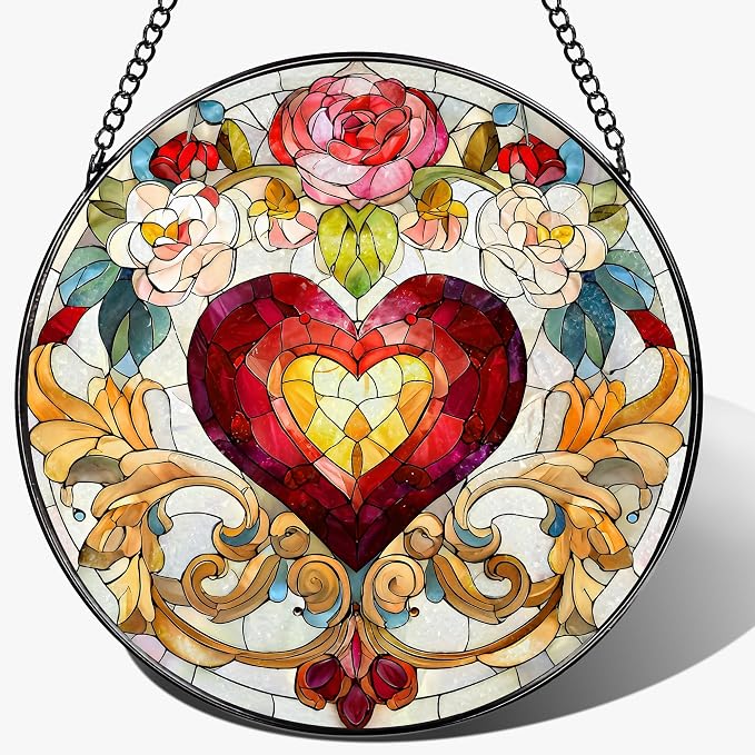8 Inch Valentine Heart Stained Glass Window Suncatcher, Colorful Hanging Decor & Romantic Gift
