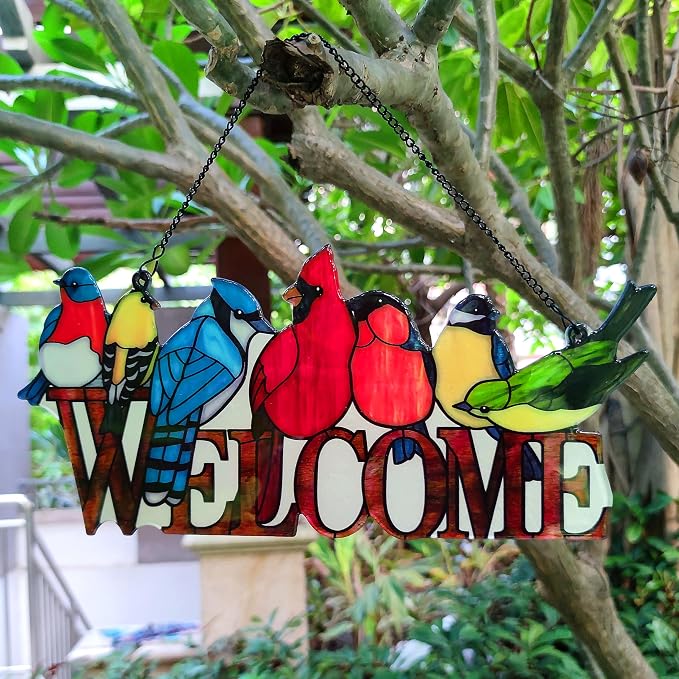 Birds on Branch Stained Glass Suncatcher, 8 Colorful Birds Window Hanging, Cardinal Hummingbird Gift