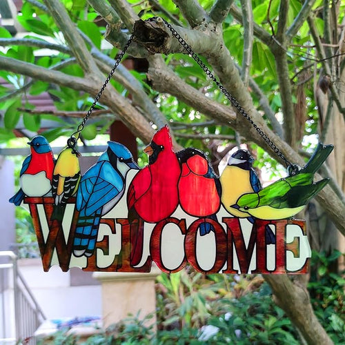Birds on Branch Stained Glass Suncatcher, 8 Colorful Birds Window Hanging, Cardinal Hummingbird Gift